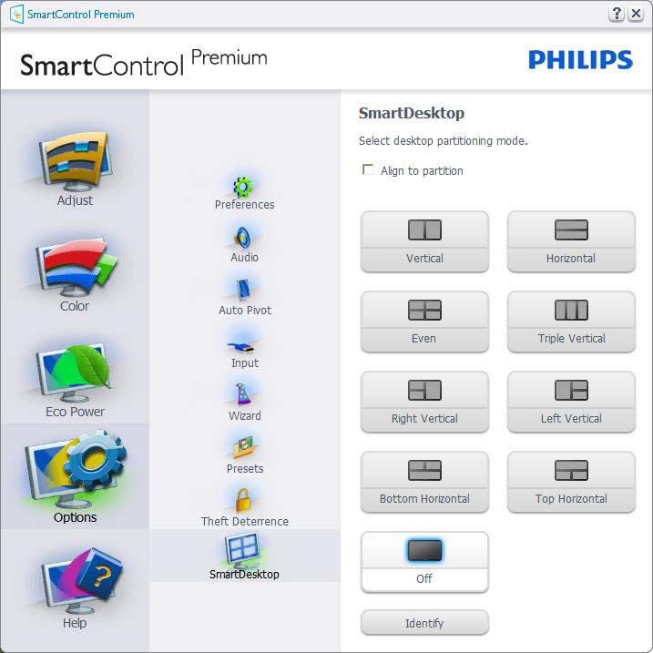 3. Kuvan optimointi 3.4 SmartDesktop -opas SmartDesktop SmartDesktop on SmartControl Premium issa. Asenna SmartControl Premium ja valitse SmartDesktop Options (Valinnoista).