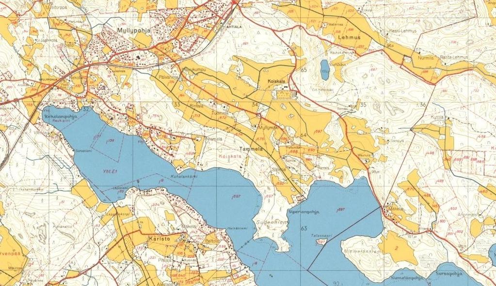 Kuva 9. Peruskartta vuodelta 1964 (Kuva MML Vanhat painetut kartat). Koiskalan alueen viljelysmaisema on pysynyt aikojen kuluessa kohtalaisen muuttumattomana.