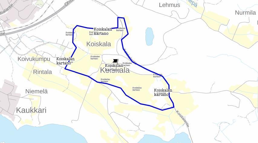 Kuva 23. Koiskalan kartano, RKY-alueen rajaus (Kartta Museoviraston karttapalvelu).