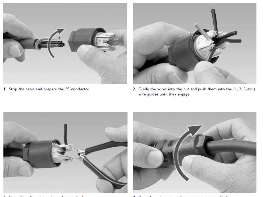 Pikaliittimen kytkentä (QPD) Anslutning av snabbkopplaren (QPD) 1. Kuori kaapeli (n. 60 mm) ja valmistele PE-johdin kuvan mukaisesti. Skal av kabel (ca 60 mm) och förbered PE-ledningen enligt bilden.