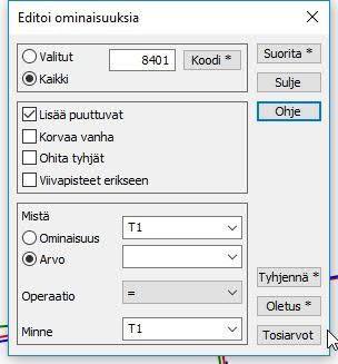 Jos ei, niin laitetaan Valitut kohtaan musta piste. Silloin lisäys kohdistuu vain valittuun ryhmään. Lisää puuttuvat lisää ominaisuudet niille pisteille, joilta ko. ominaisuus puuttuu.