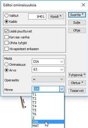 Vesijohtoesimerkissä valitaan DIA (=halkaisija) Ja sille oikea koko.