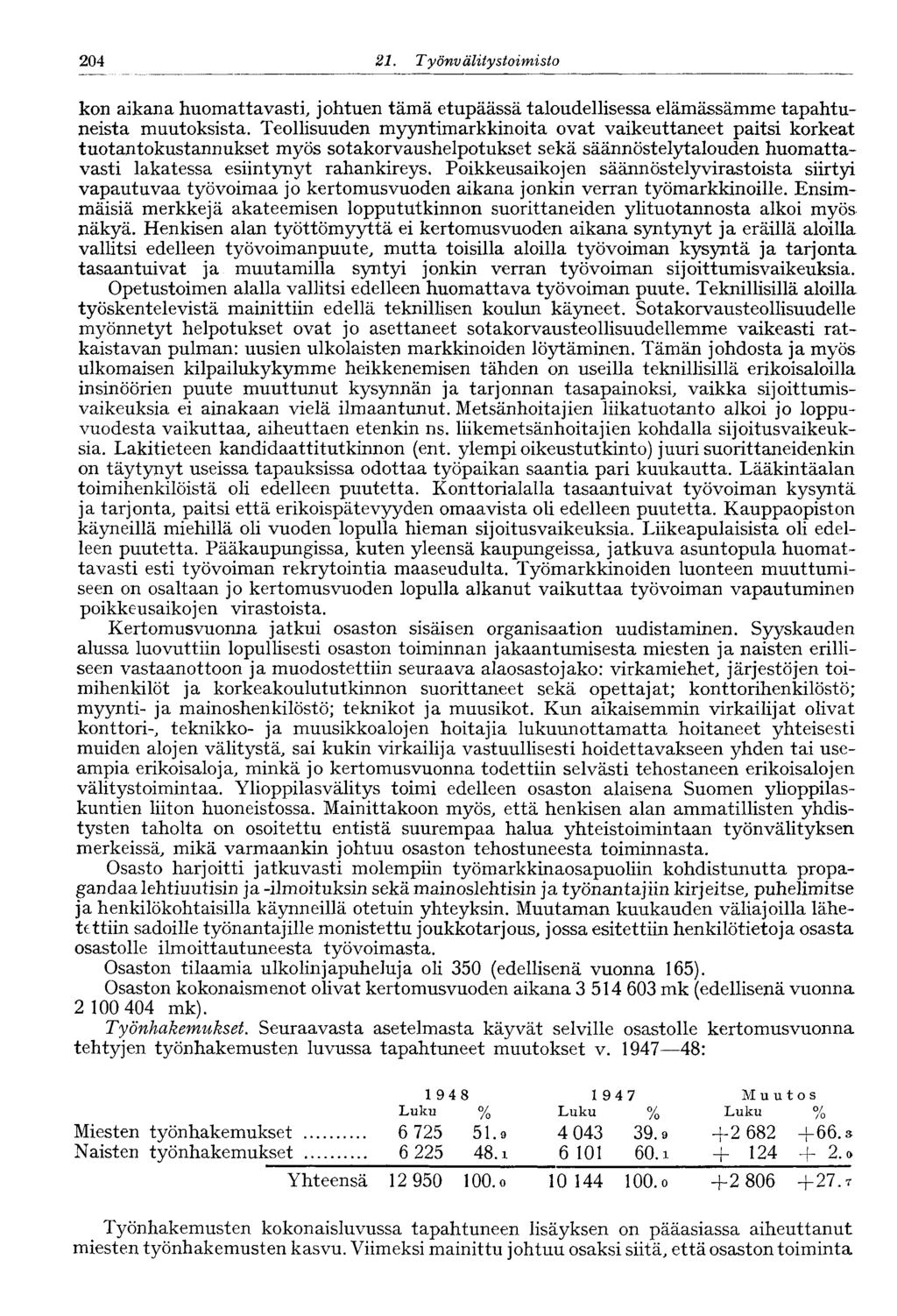 204 21. Työnv älitystoimisto 204 kon aikana huomattavasti, johtuen tämä etupäässä taloudellisessa elämässämme tapahtuneista muutoksista.