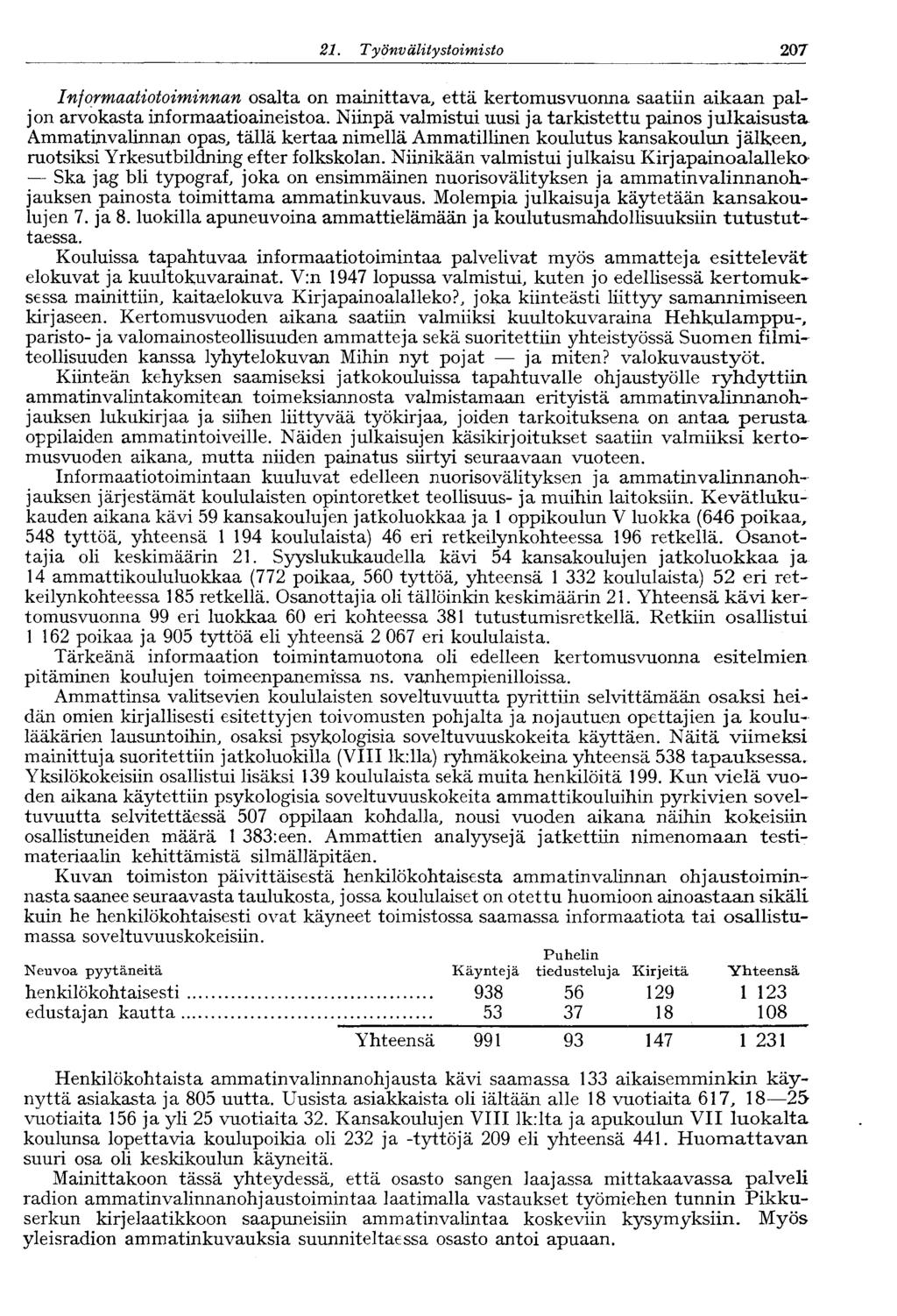 21. Työnv älitystoimisto 207 Informaatiotoiminnan osalta on mainittava, että kertomusvuonna saatiin aikaan paljon arvokasta informaatioaineistoa.