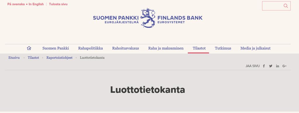Ohjeistusta Suomen Pankin Luottotietoraportoinnin nettisivujen linkki: