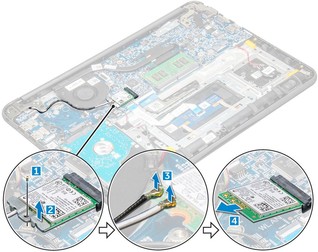 a Irrota M2 x L3 ruuvi, jolla WLAN-kortin metallikiinnike kiinnittyy runkoon [1]. b Nosta metallikiinnikettä ja irrota se WLAN-kortista [2].