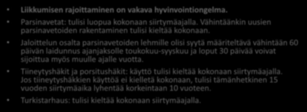 Lajityypillisen käyttäytymisen mahdollistaminen Liikkumisen rajoittaminen on vakava hyvinvointiongelma. Parsinavetat: tulisi luopua kokonaan siirtymäajalla.