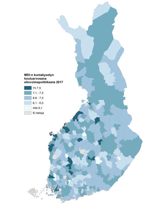 ELINVOIMAPOLITIIKAN ARVOSANA Kartassa kuvataan MDI:n kuntakyselyn kouluarvosanaa elinvoimapolitiikasta vuonna 2017 kunnittain.