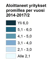 ALOITTANEET YRITYKSET Kartassa kuvataan aloittaneiden yritysten määrää suhteessa alueen keskiväkilukuun vuosina 2014-2017/Q2.