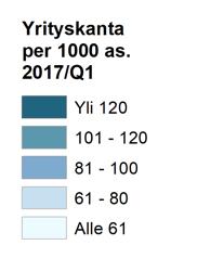 YRITYSKANTA Kartassa kuvataan yrityskantaa, eli toimivien yritysten määrää, suhteessa alueen väestöpohjaan vuoden 2017 ensimmäisellä kvartaalilla.