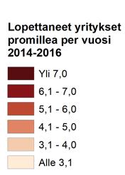 LOPETTANEET YRITYKSET Kartassa kuvataan lopettaneiden yritysten määrää suhteessa alueen keskiväkilukuun vuosina 2014-2016.