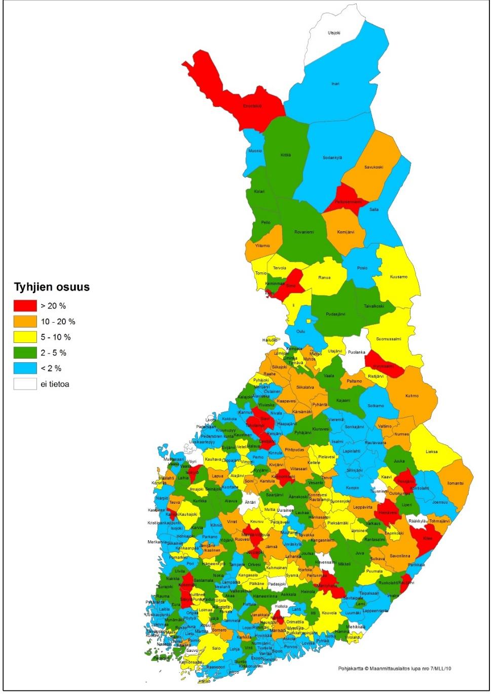 Tyhjien osuudet kunnissa 2017 Tyhjien asuntojen osuus ARA-kannasta oli 2,4 % vuonna 2017 (2,2 % v.