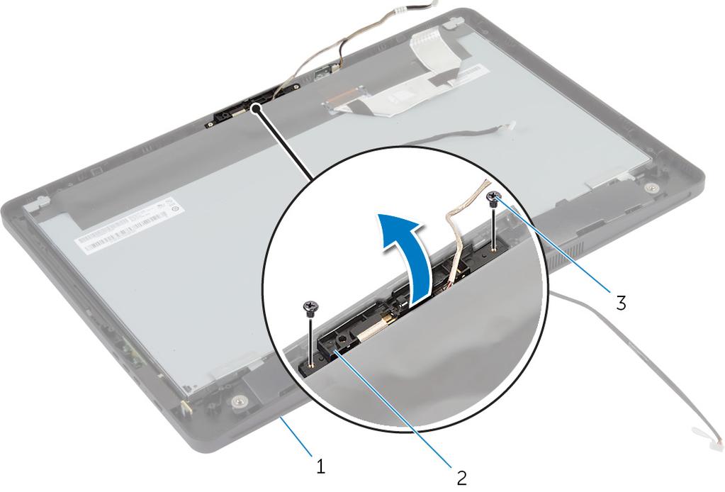 13 Nosta kamerakokoonpano varovasti ylös ja käännä se ympäri. 1 näytön kehys 2 kamerakokoonpano 3 ruuvit (2) 14 Irrota kameran kaapeli kamerakokoonpanosta.