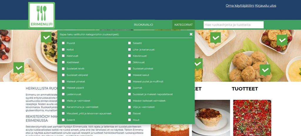 Klikkaamalla KATEGORIAT voit rajata, minkälaisia ruokaohjeita ja tuotteita haluat nähdä.
