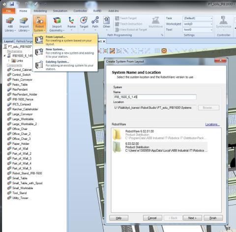 Lisääminen tapahtuu painamalla Robot System -painiketta ja valitsemalla From Layout.