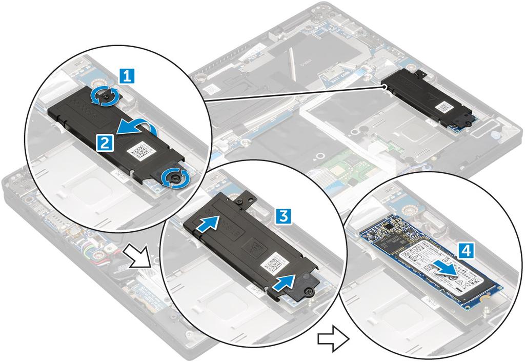 NVMe SSD -levyn asentaminen 1 Aseta NVMe SSD -kortti kantaansa. 2 Aseta lämpöpidike SSD-korttiin. 3 Kiinnitä SSD-lämpöpidike M2.0 x 3.0 -ruuveilla.