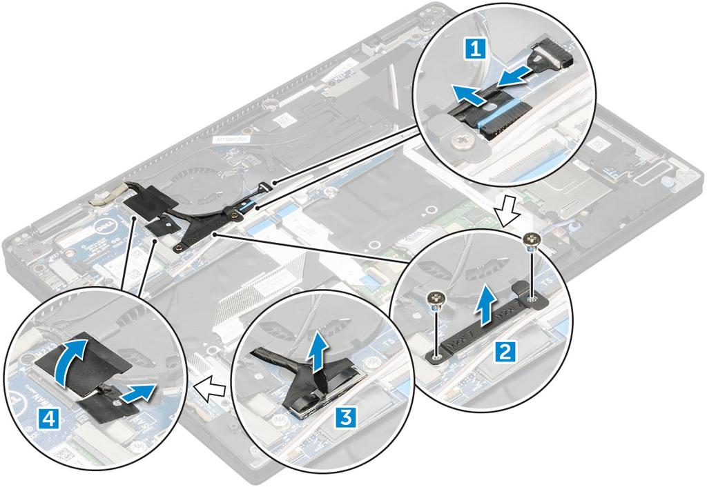 d WLAN-kortti e WWAN-kortti 3 Irrota teipit, joilla antennikaapelit on kiinnitetty, ja vedä kaapelit irti reititysklipseistä. 4 Irrota: a IR-kameran ja kosketusnäytön kaapeli [1]. b Irrota M2 x 1.