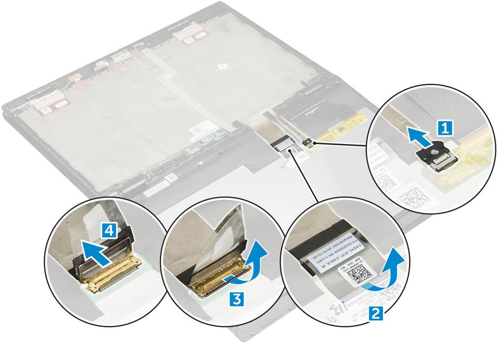 5 Kaapeleiden irrottaminen: a G-anturikaapeli [1] b Irrota näyttökaapelin liimaava teippi [2].