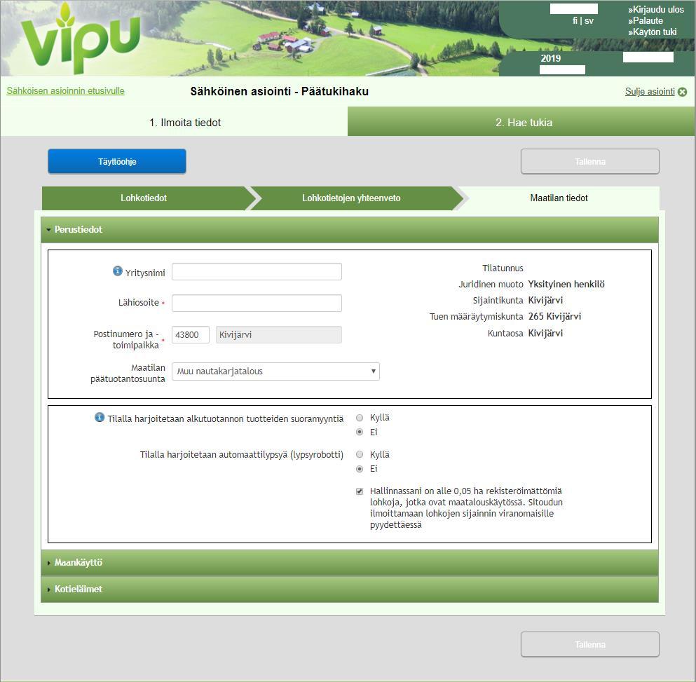 Päätukihaku, Maatilan tiedot Maatilan tiedot- välilehdellä voidaan