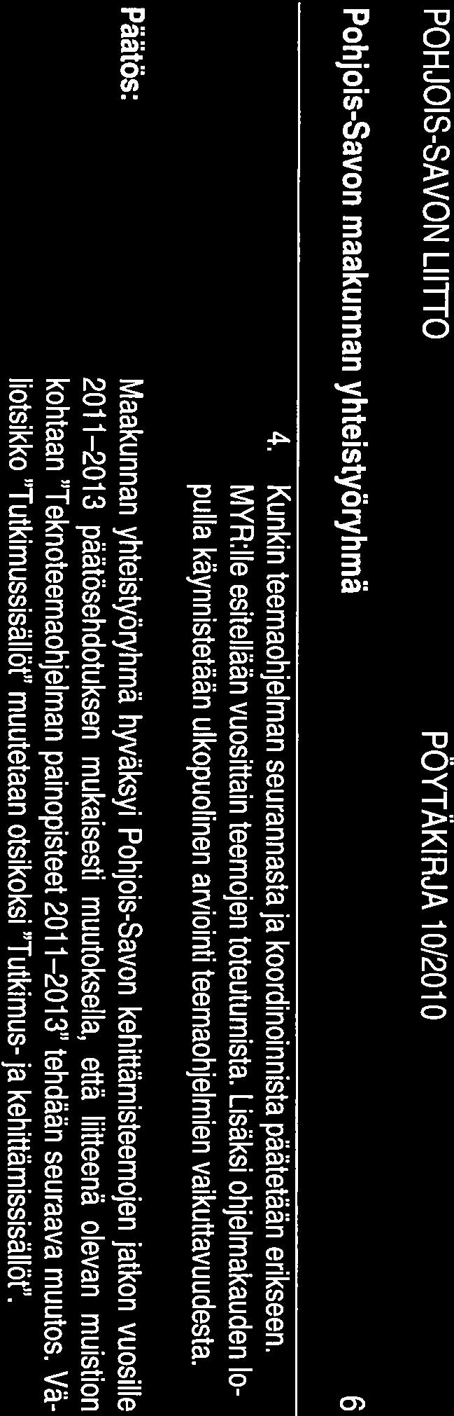 Maakunnan yhteistyöryhmä hyväksyi Pohjois-Savon kehittämisteemojen jatkon vuosille 2011 2013 päätösehdotuksen mukaisesti muutoksella, että liitteenä olevan muistion kohtaan Teknoteemaohjelman