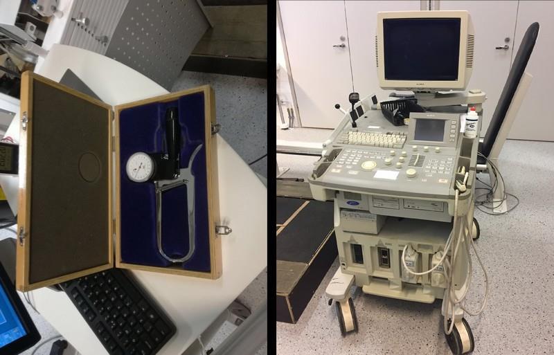 Rasvaprosentin mittaamisen jälkeen tutkittavalta mitattiin oikean jalan Vastus lateralislihaksen paksuus Aloka SSD5500-ultraäänilaitteella (Hitachi Aloka Medical, Tokio, Japani) (kuva 5).