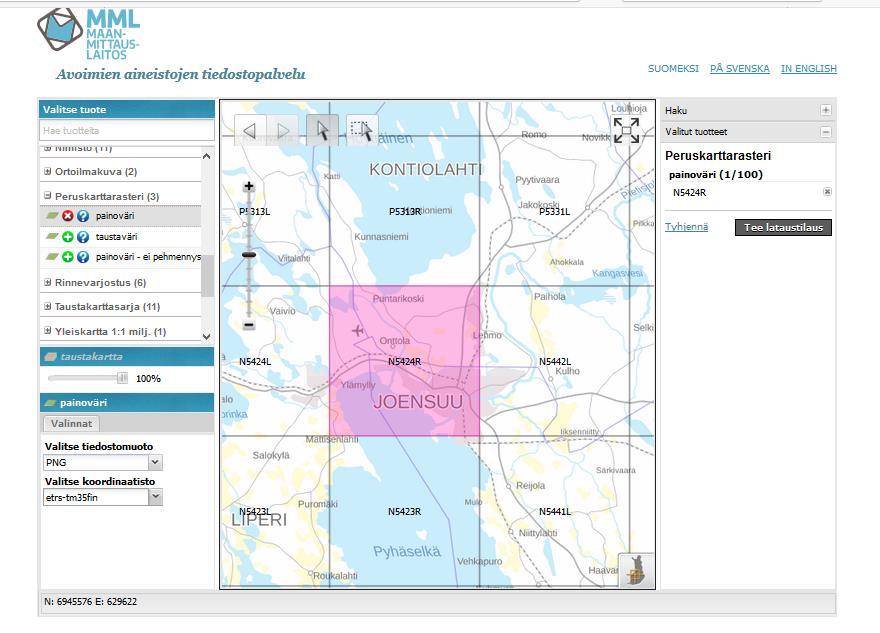 4 f) Rasteriaineistojen (valmiiden kuvien ja karttalehtien) tuominen QGIS:iin: 1) Klikkaa QGIS:ssä Lisää taso Lisää rasteritaso ja etsi tallentamasi karttalehti/- lehdet 2) Ohjelman kysyessä tason