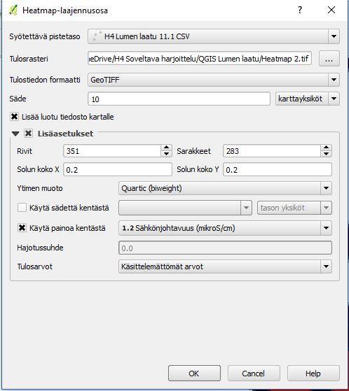 heatmaptyökalu etsii arvoja pisteen ympäriltä; esim. 10 m, jos se sopii aineistoon) Solun koko (lopputulosrasterin solukoko) Käytä painoa kentästä (valitse tarvittava kenttä; esim.