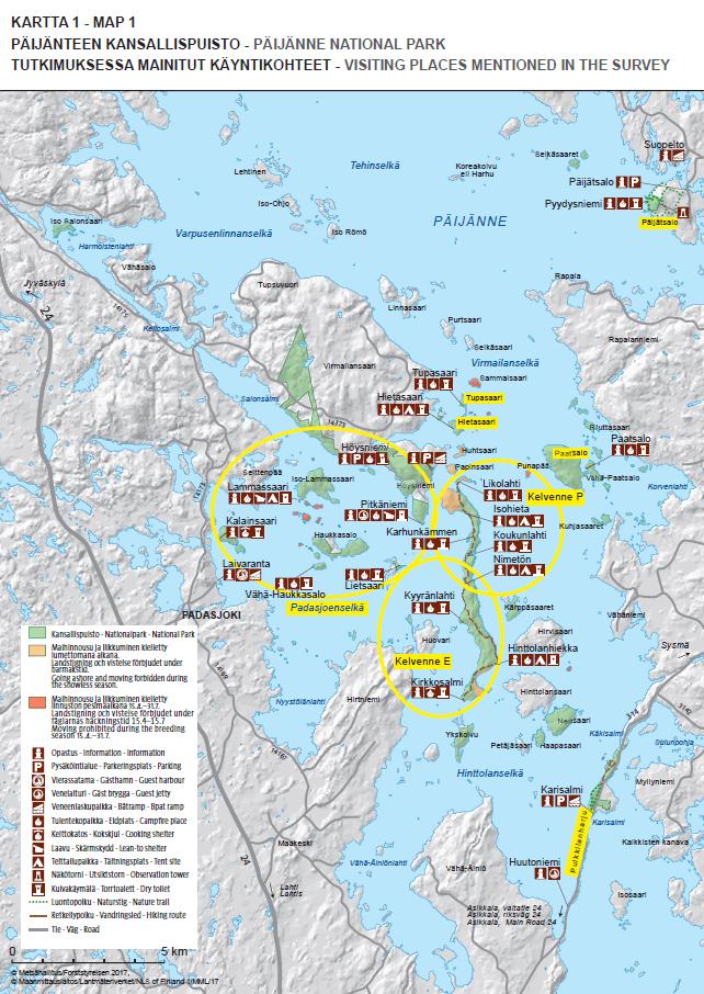 Kuva 2. Päijänteen kansallispuisto palveluineen vuonna 2017.