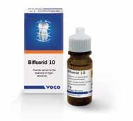Fluorivalmisteet Bifluorid 5 VOCO Läpinäkyvä fluorilakka sisältää natrium- ja kalsiumfluoridia. Kuivuu nopeasti, läpinäkyvä. Solvent liuotin.