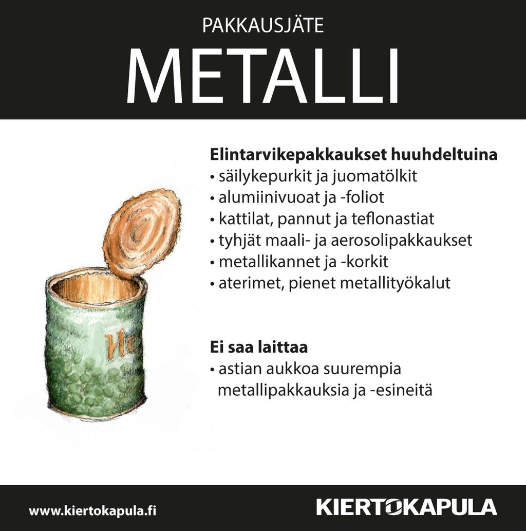 Lajittelu Metalli Pakkausjätettä Rinki-ekopisteeseen tai taloyhtiön keräysastiaan.