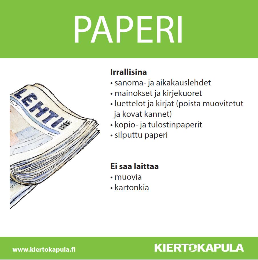Lajittelu Paperi Se, mitä postilaatikosta tulee Paperinkeräys Oy:n alueelliseen keräyspisteeseen tai taloyhtiön