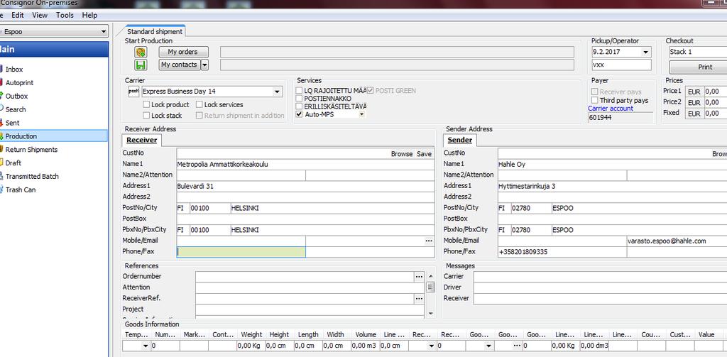 10 Kuva 4. Consignorin alkunäkymä Kuvassa 4 on Consignor-ohjelmiston alkunäkymä. Oikealla puolella on Hahle Oy:n eli lähettäjän tiedot ja vasemmalla vastaanottajan tiedot.
