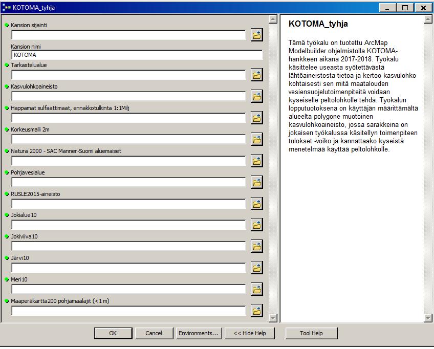 KOTOMA- työkalu Tallennuskansion määritys Vesiensuojelumenetelmien analyysit Tehty ESRI:n ArcGis Modelbuilderilla Koostuu useista eri