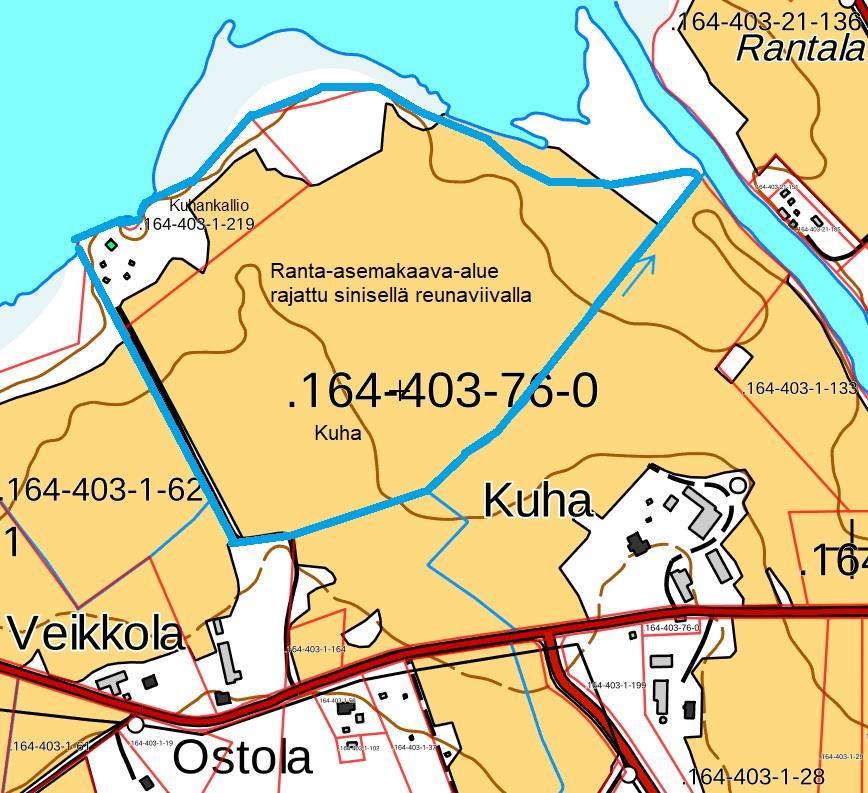 Sivu 4 / 24 1. PERUS- JA TUNNISTETIEDOT Tämä kaavan selostus koskee 15.3.2019 päivättyä Kuhan ranta-asemakaavaehdotuksen karttaa. 1.1 Tunnistetiedot Ranta-asemakaava koskee Kuhan tilan 164-403-76-0 ja Kuhankallion tilan 164-403-1-219 alueita.