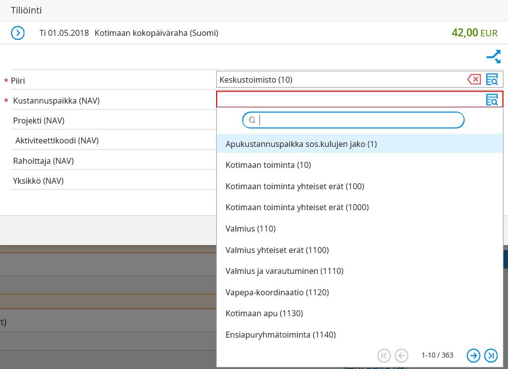Tähdellä merkityt kentät ovat pakollisia. Alasvetovalikosta pääset hakemaan projektin, kustannuspaikan, rahoittajan tai yksikköä myös seurantakohteen nimellä.