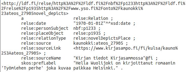 35 Kuva 7: Esimerkki Yhteys-resurssista 5.2 Käytetyt henkilö- ja paikka-ontologiat Alkuperäisenä tarkoituksena oli käyttää suoraan Biografiasammon ontologioita henkilöiden ja paikkojen kuvaamiseen.