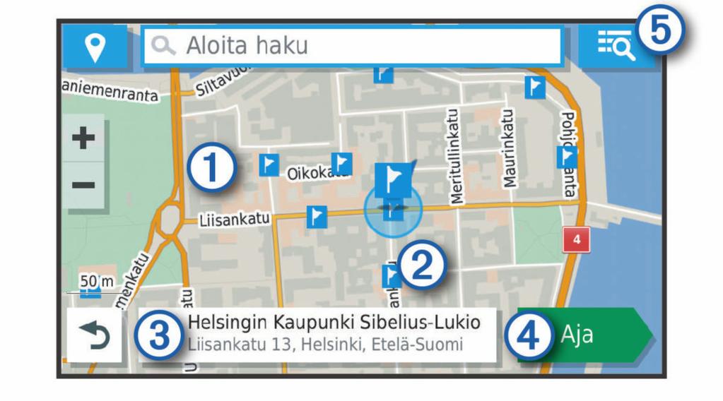 Voit navigoida tiettyihin maantieteellisiin koordinaatteihin valitsemalla Koordinaatit (Paikan etsiminen koordinaateilla, sivu 5).