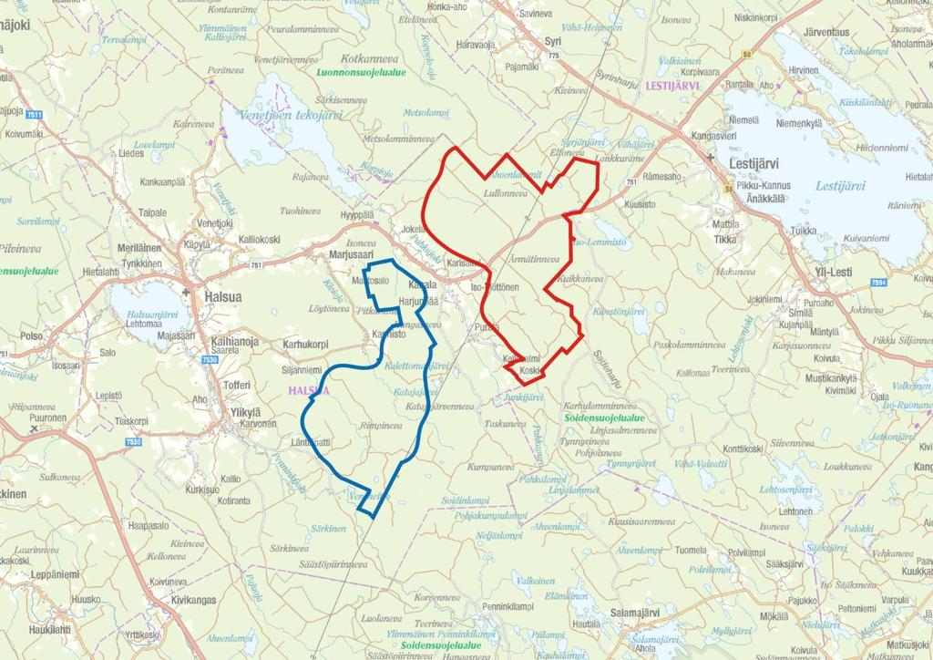 SUUNNITTELUALUEEN SIJAINTI Kannistn yleiskaava-alue sijaitsee nin 8 kilmetriä Halsuan keskustaajamasta itään.