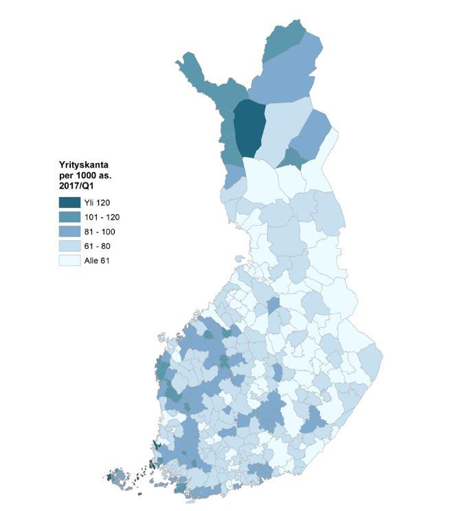 Kuva 3. Yrityskanta väkiluvun 1000 asukasta kohden kunnittain vuonna 2017/Q1.