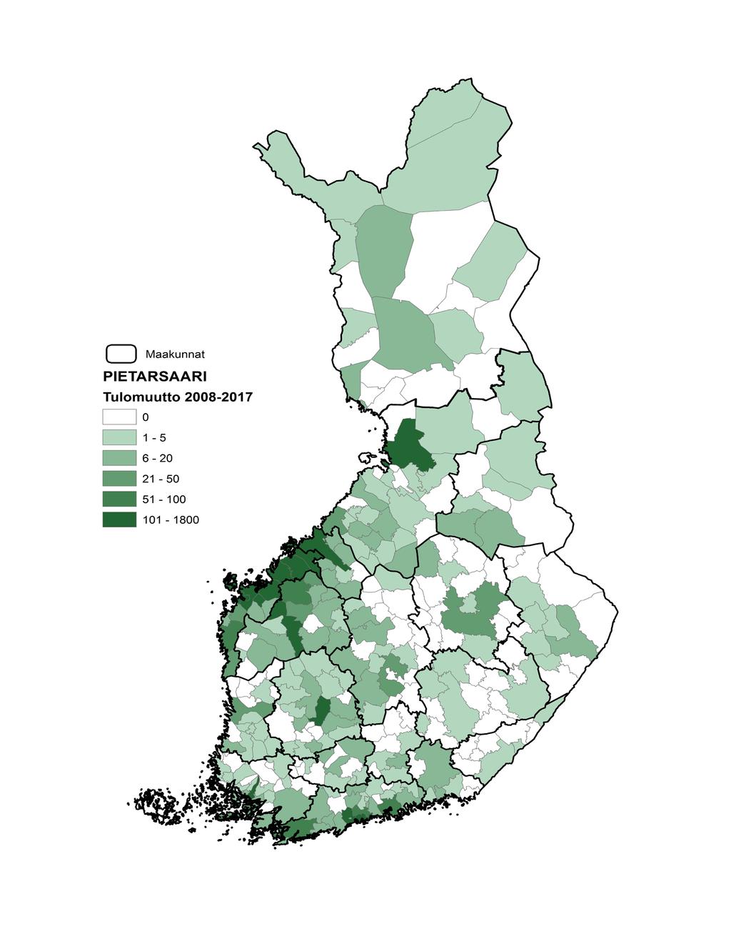 Pietarsaaren tulomuutto kunnittain vuosina 2008-2017 / Inflyttningen till Jakobstad per kommun åren 2008-2017 794 tulomuuttoa keskimäärin vuodessa inflytt per år i genomsnitt 58,3 % kaikista