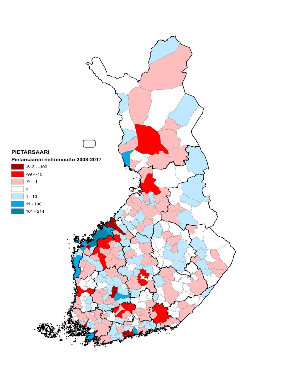 Pietarsaaren nettomuutto kunnittain vuosina 2008-2017 / Jakobstads nettoflyttning per kommun åren 2008-2017 -1 445 henkilöä muuttotappiota vuosina 2008-2017 personer inflyttningsunderskott åren