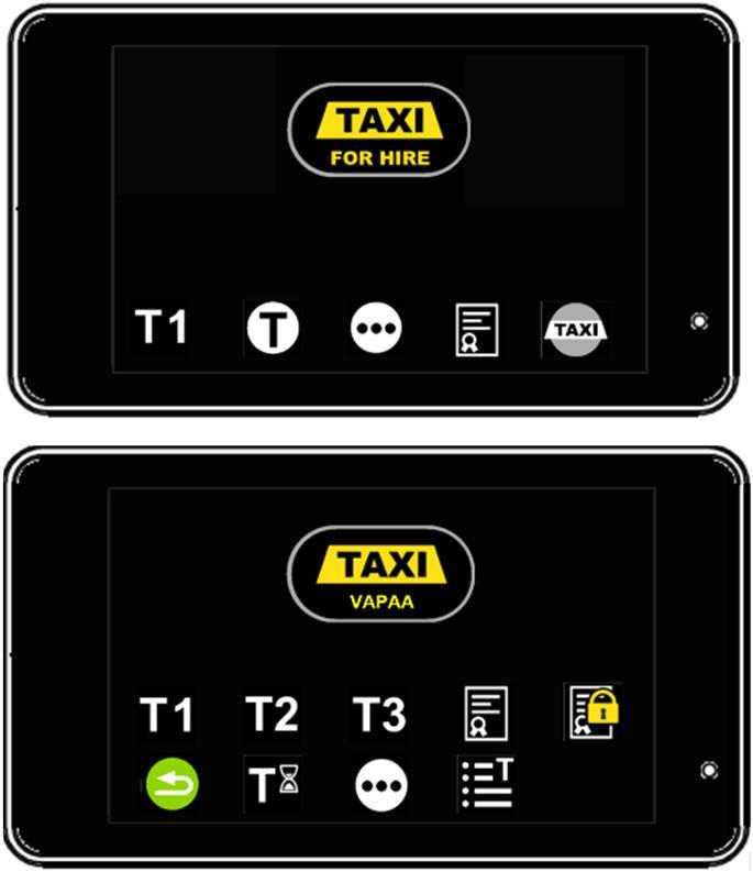 4.2.4.2 Taksa-ajon aktivointi taksavalikosta Taksimittari on Painamalla painiketta, Vapaa-tilassa. siirrytään taksavalikkoon. Taksimittari on Vapaa-tilassa ja taksavalikko on avattu.