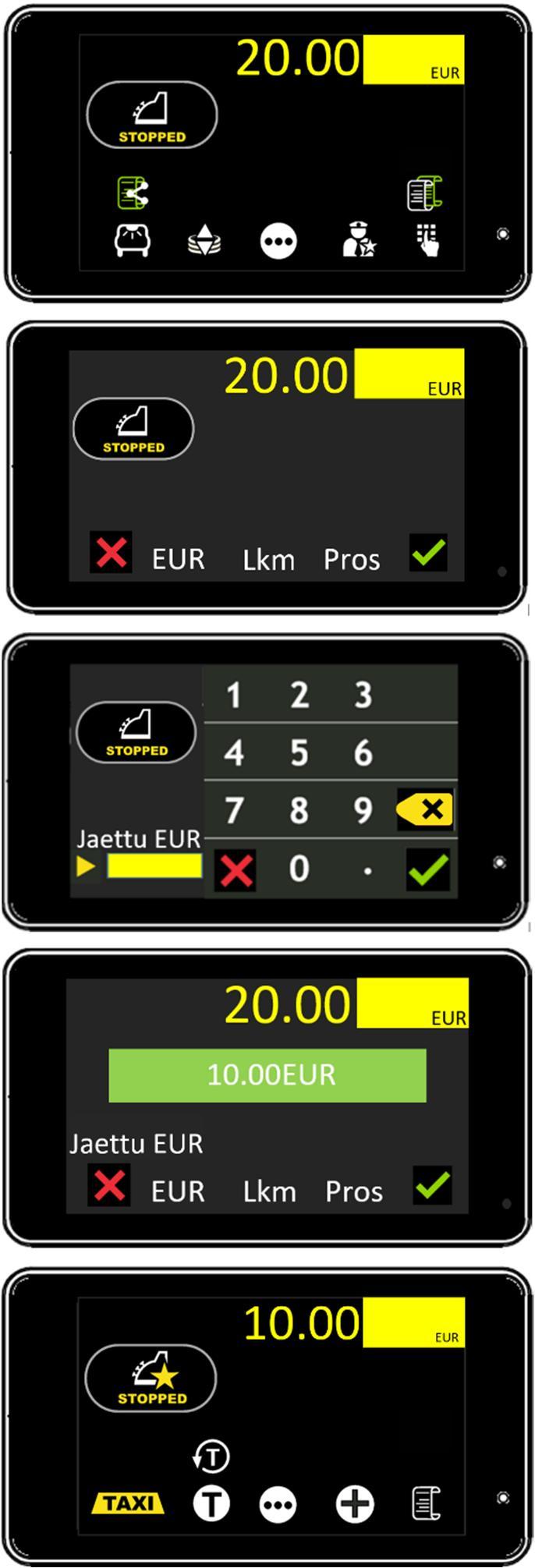 4.4.4 Jaettu Maksu Matkan summa voidaan jakaa useamman maksajan maksettavaksi taksimittarin toiminnolla Jaettu Maksu. 4.4.4.1 Jaettu Maksu, asettamalla maksun osan summa Taksimittari on Kassatilassa.