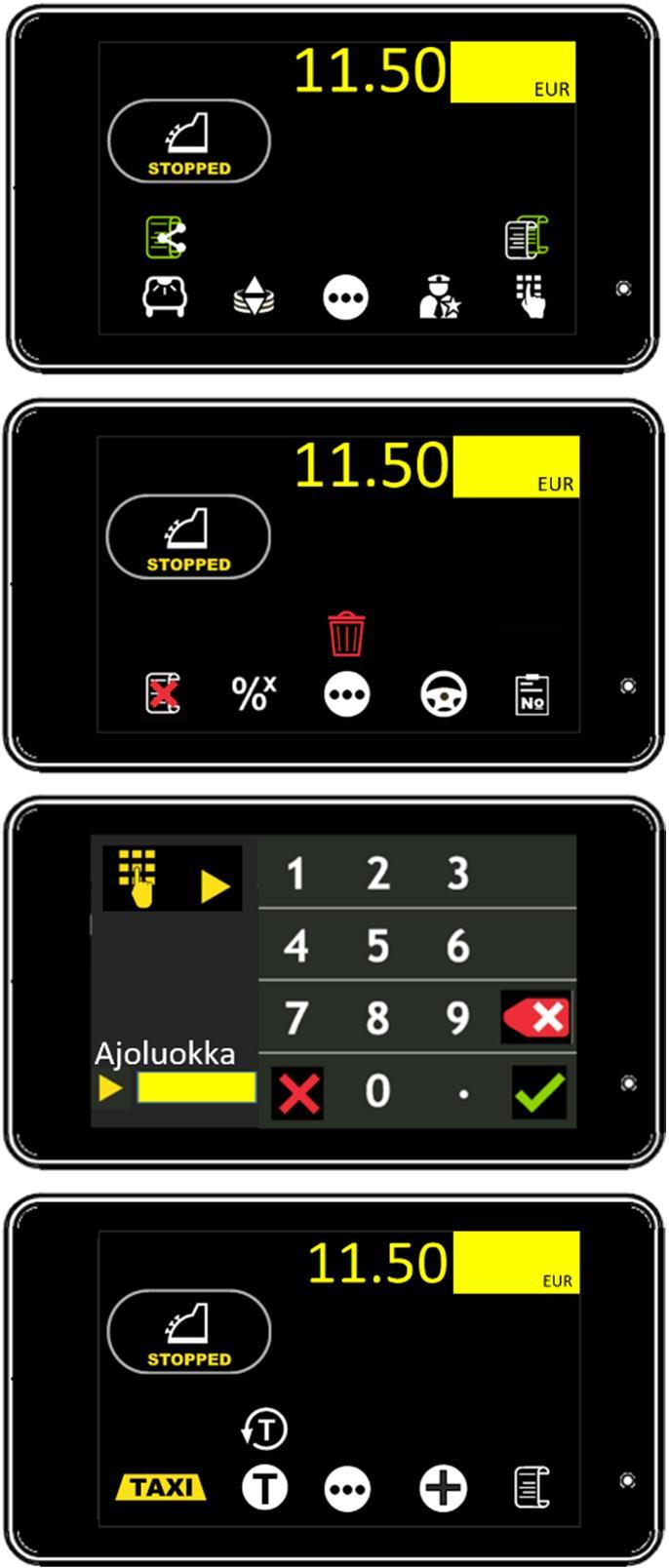 4.4.5 Ajoluokka Kuitin tietoihin voidaan lisätä tunnisteeksi ajoluokka. Ajoluokan tunnisteena voidaan käyttää numeraalista arvoa. Taksimittari on Kassatilassa.