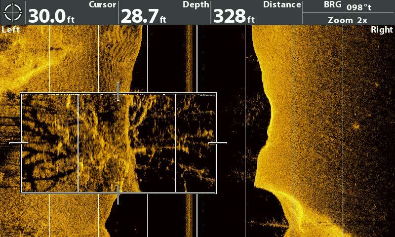 Side Imaging laitteen käytön aikana Ruudun pysäytys ja kaikujen suurennus Aktivoi kursori Kursorinäppäimellä, jolloin näkymä pysähtyy ja kursori voidaan siirtää halutun kaiun ylle. Kaiun syvyys ym.