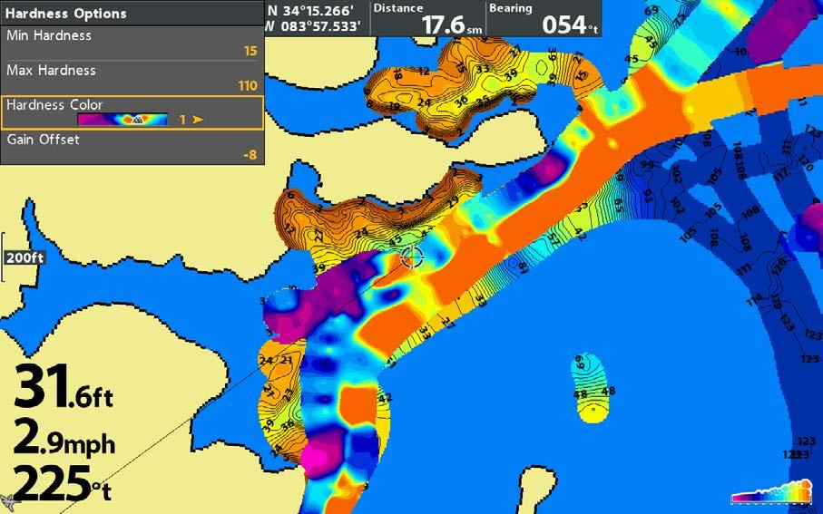 AutoChart Live -valikko > Pohjakerros (Bottom Layer) > Piilotettu (Hidden) TAI Pohjan kovuus (Bottom Hardness) TAI Kasvusto (Vegetation) Kun jompi kumpi, pohjan kovuus tai