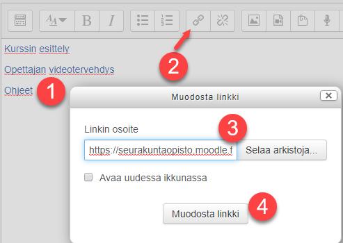 Sen jälkeen maalaa lohkossa linkitettävä teksti (1), napsauta linkin kuvaketta (2), liitä linkki leikepöydältä (3) ja napsauta