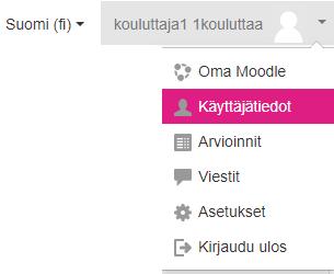 2 KÄYTTÄJÄTIEDOT Omat tiedot on hyvä laittaa kuntoon ihan ensimmäiseksi. Löydät omat tiedot Moodlen oikeasta yläkulmasta kohdasta Käyttäjätiedot.