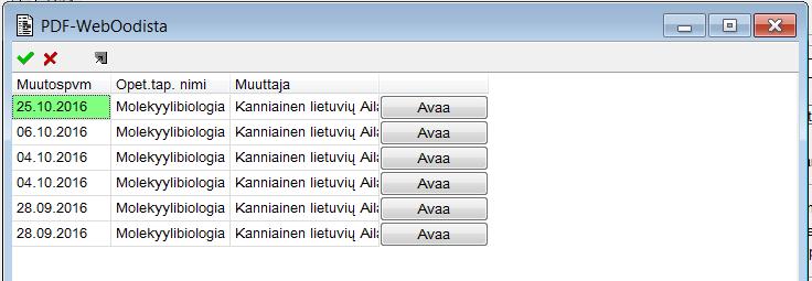 Tässä esimerkissä kyseessä on järjestelmän testauksessa käytetty opetustapahtuma, siksi raportteja on runsaasti. Voit valita oikean raportin päivämäärän perusteella.