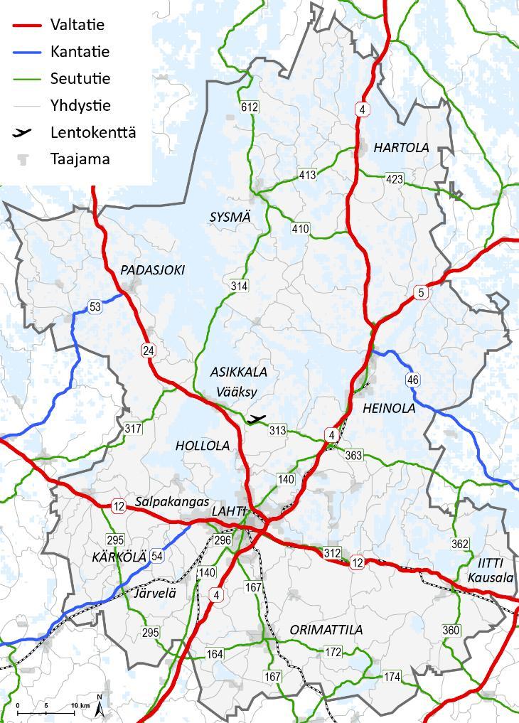 1.4 Liikennejärjestelmän nykytila Ruuhkaisuus ja maankäyttö valtateiden kipupisteinä Liikenneyhteyksillä on ollut ratkaiseva merkitys Päijät-Hämeen alueen kehittymiselle: aluetta halkovat tärkeät